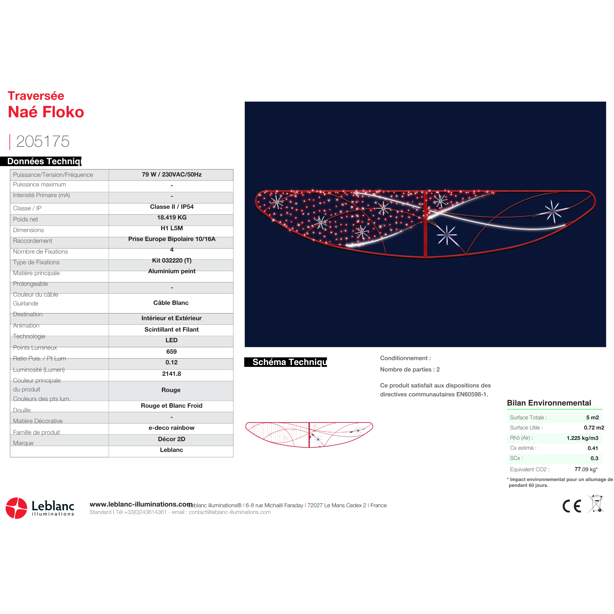Décor de noël traversée 2D Naé floko Rouge H1 x L5m